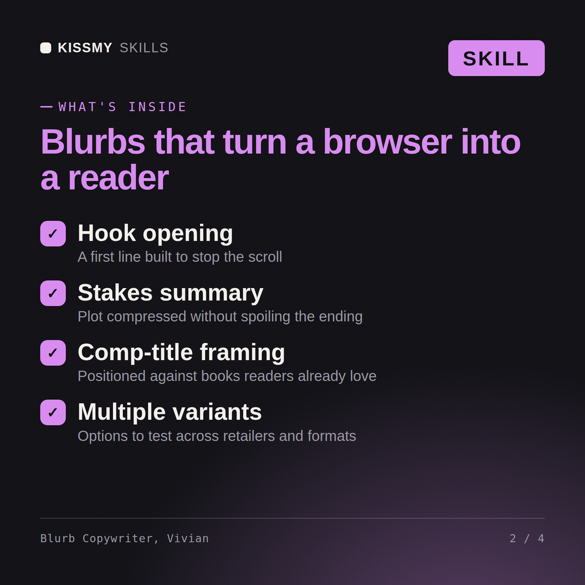 What's inside the Blurb Copywriter, Vivian AI skill: Hook opening, Stakes summary, Comp-title framing, Multiple variants