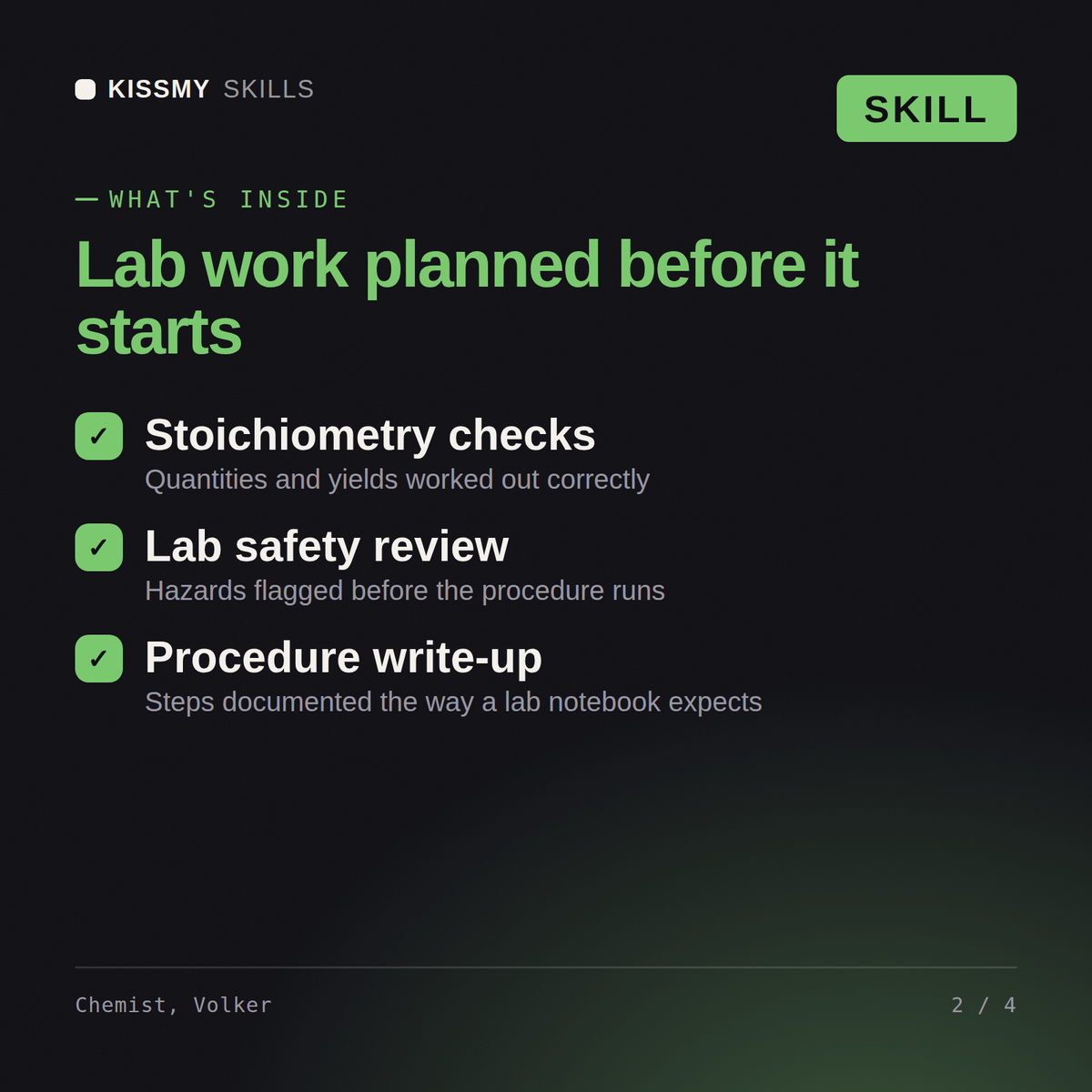 What's inside the Chemist, Volker AI skill: Stoichiometry checks, Lab safety review, Procedure write-up