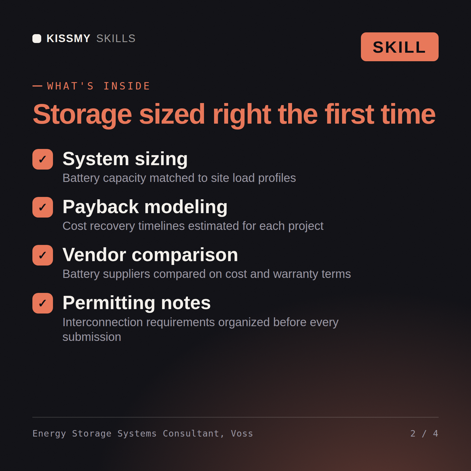What's inside the Energy Storage Systems Consultant, Voss AI skill: System sizing, Payback modeling, Vendor comparison, Permitting notes