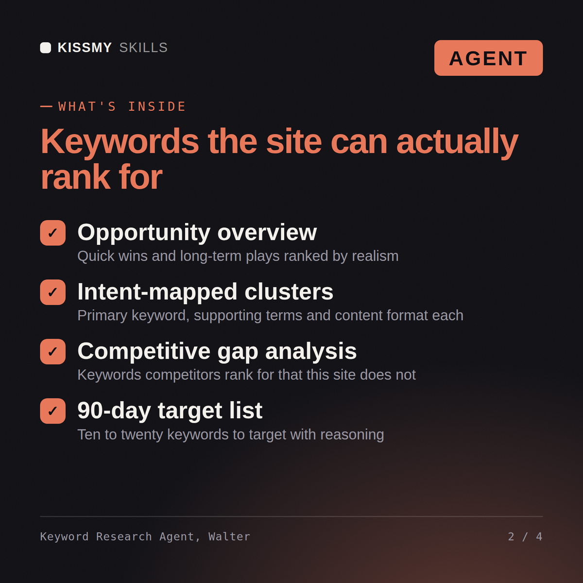 What's inside the Keyword Research Agent, Walter AI agent: Opportunity overview, Intent-mapped clusters, Competitive gap analysis, 90-day target list