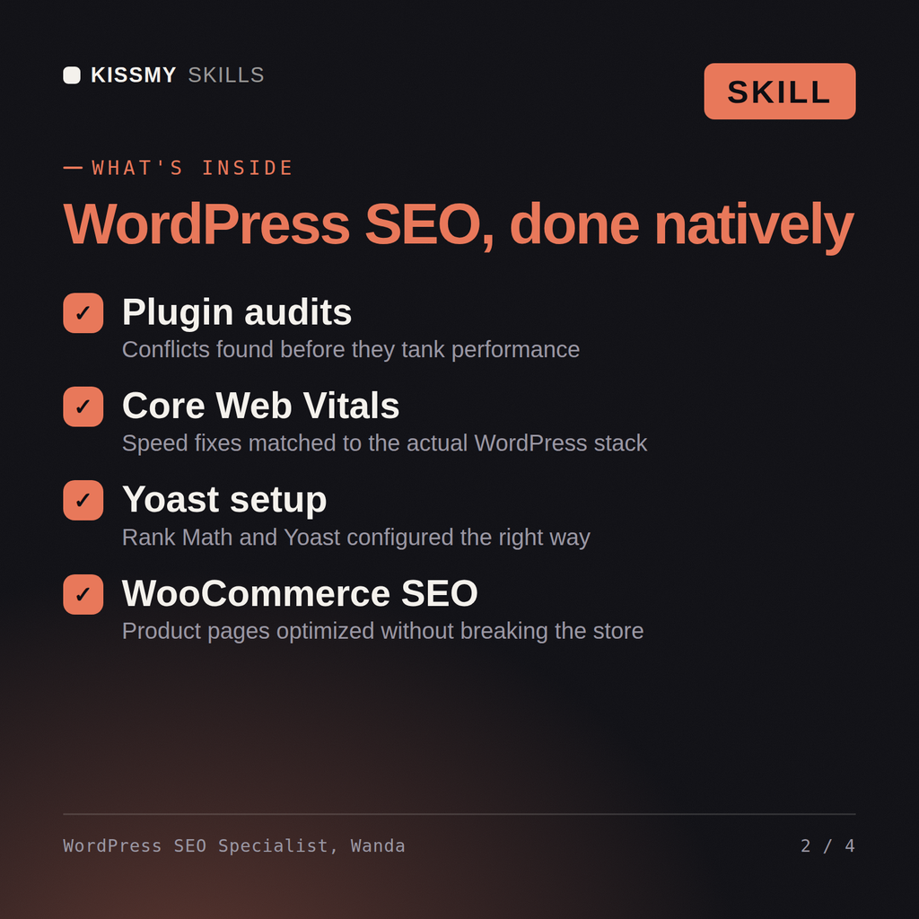 What's inside the WordPress SEO Specialist, Wanda AI skill: Plugin audits, Core Web Vitals, Yoast setup, WooCommerce SEO
