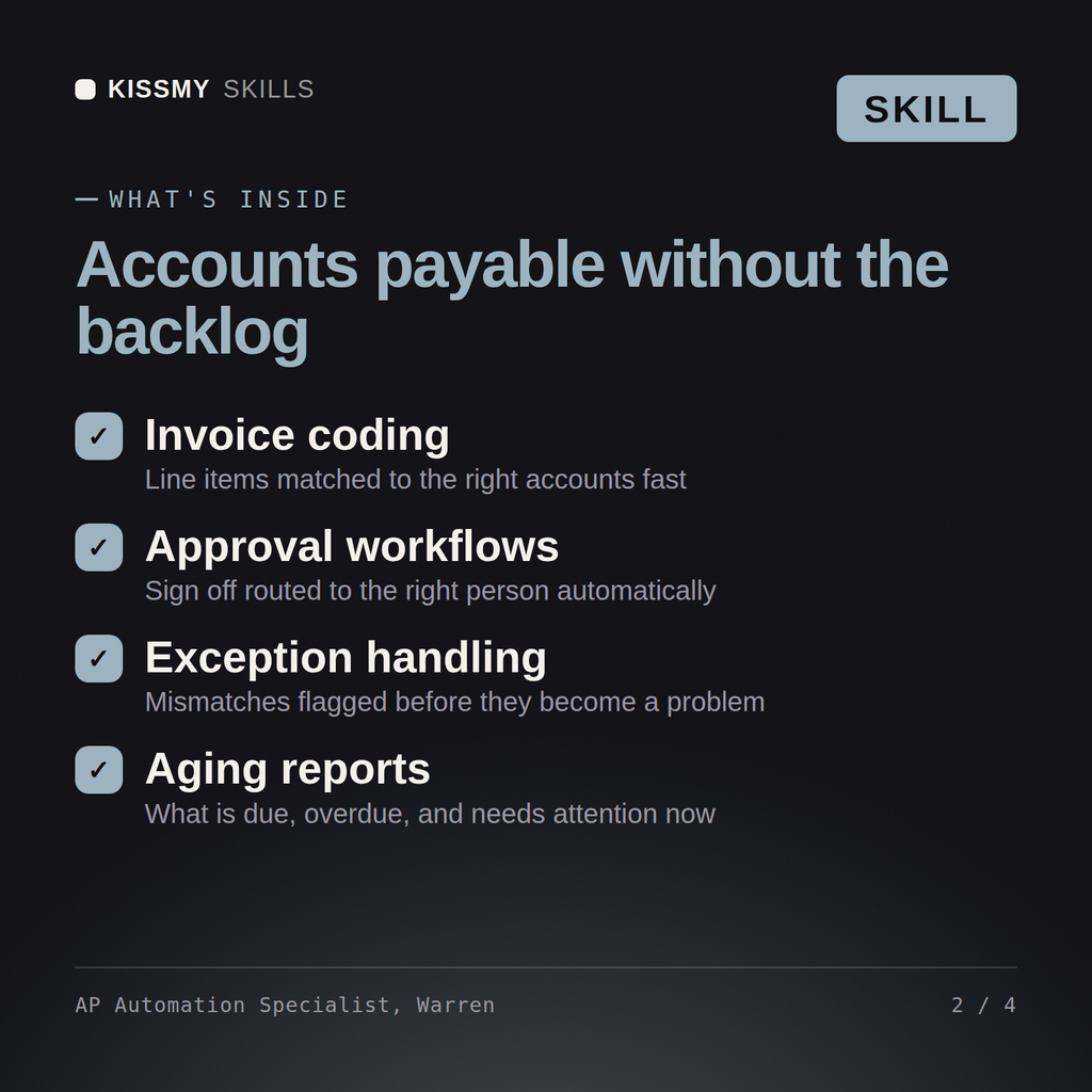 What's inside the AP Automation Specialist, Warren AI skill: Invoice coding, Approval workflows, Exception handling, Aging reports