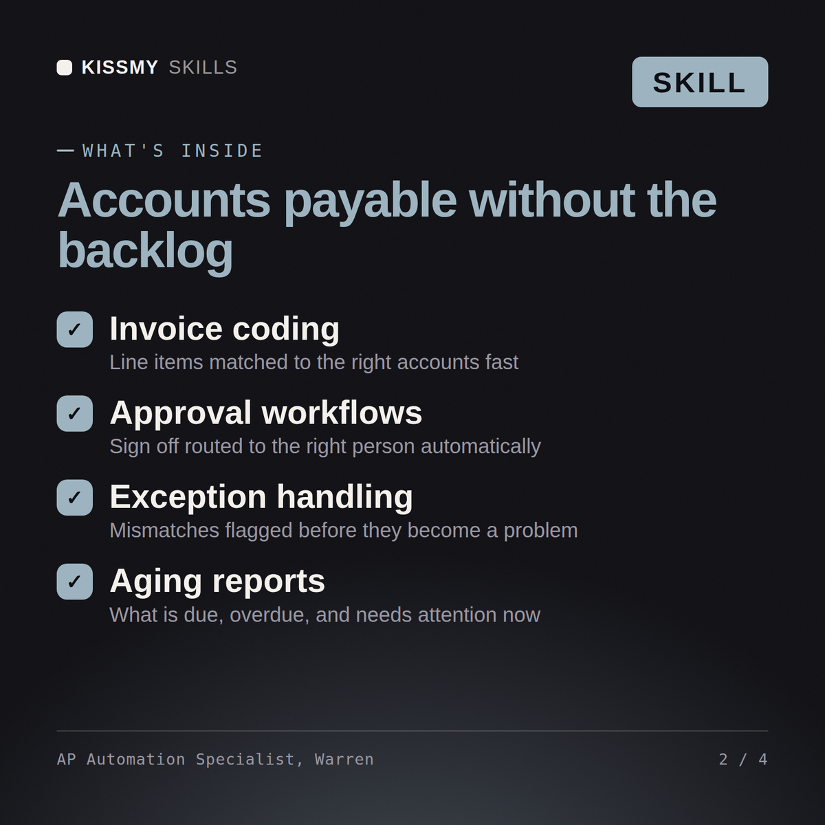 What's inside the AP Automation Specialist, Warren AI skill: Invoice coding, Approval workflows, Exception handling, Aging reports