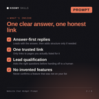 What's inside the Website Chat Widget Prompt AI prompt: Answer-first replies, One trusted link, Lead qualification, No invented features