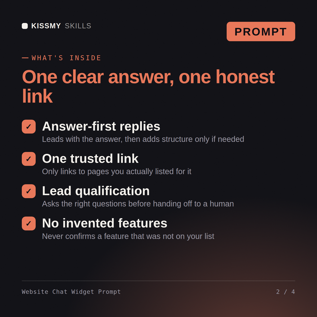 What's inside the Website Chat Widget Prompt AI prompt: Answer-first replies, One trusted link, Lead qualification, No invented features