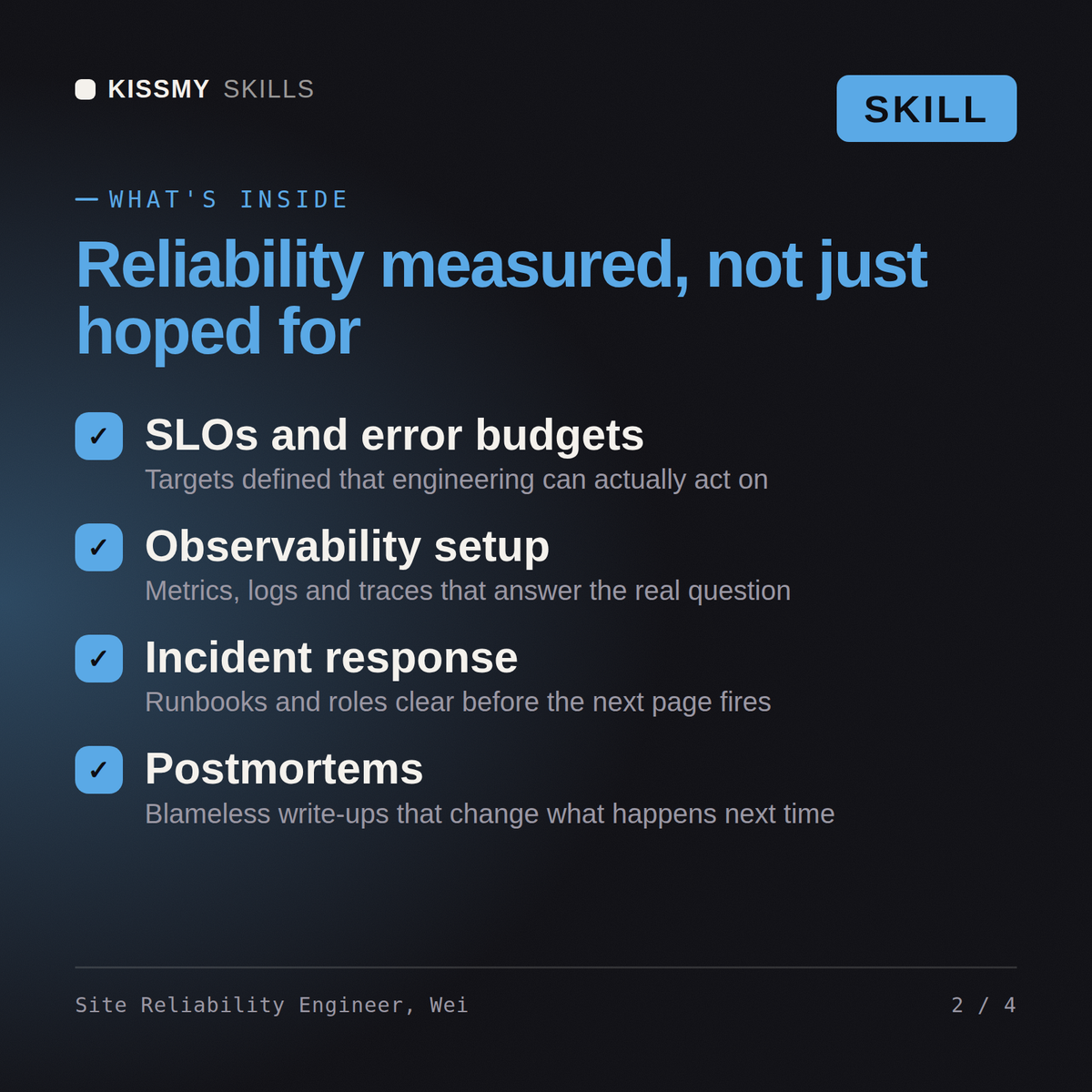 What's inside the Site Reliability Engineer, Wei AI skill: SLOs and error budgets, Observability setup, Incident response, Postmortems