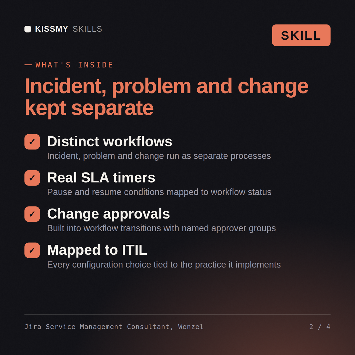 What's inside the Jira Service Management Consultant, Wenzel AI skill: Distinct workflows, Real SLA timers, Change approvals, Mapped to ITIL