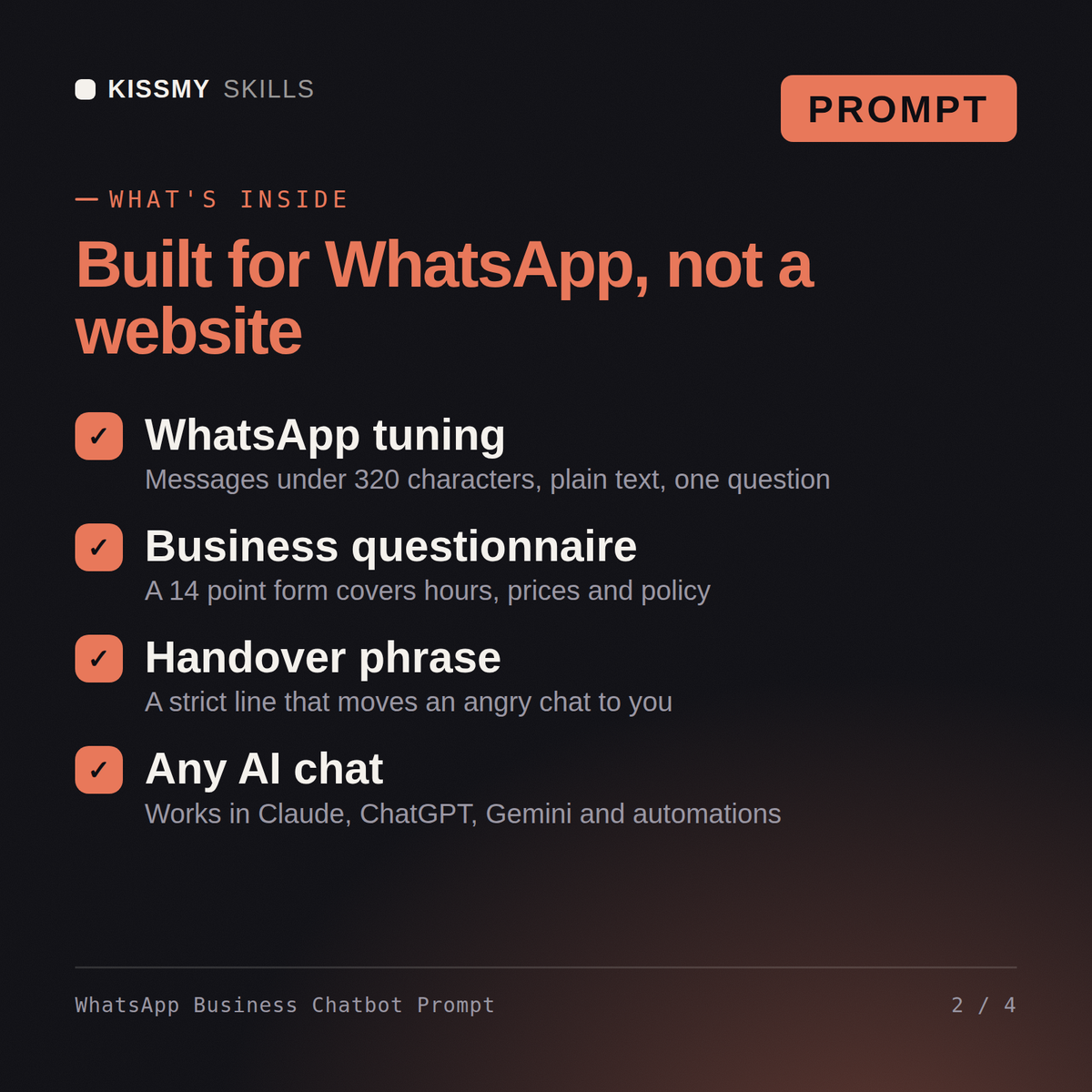 What's inside the WhatsApp Business Chatbot Prompt AI prompt: WhatsApp tuning, Business questionnaire, Handover phrase, Any AI chat
