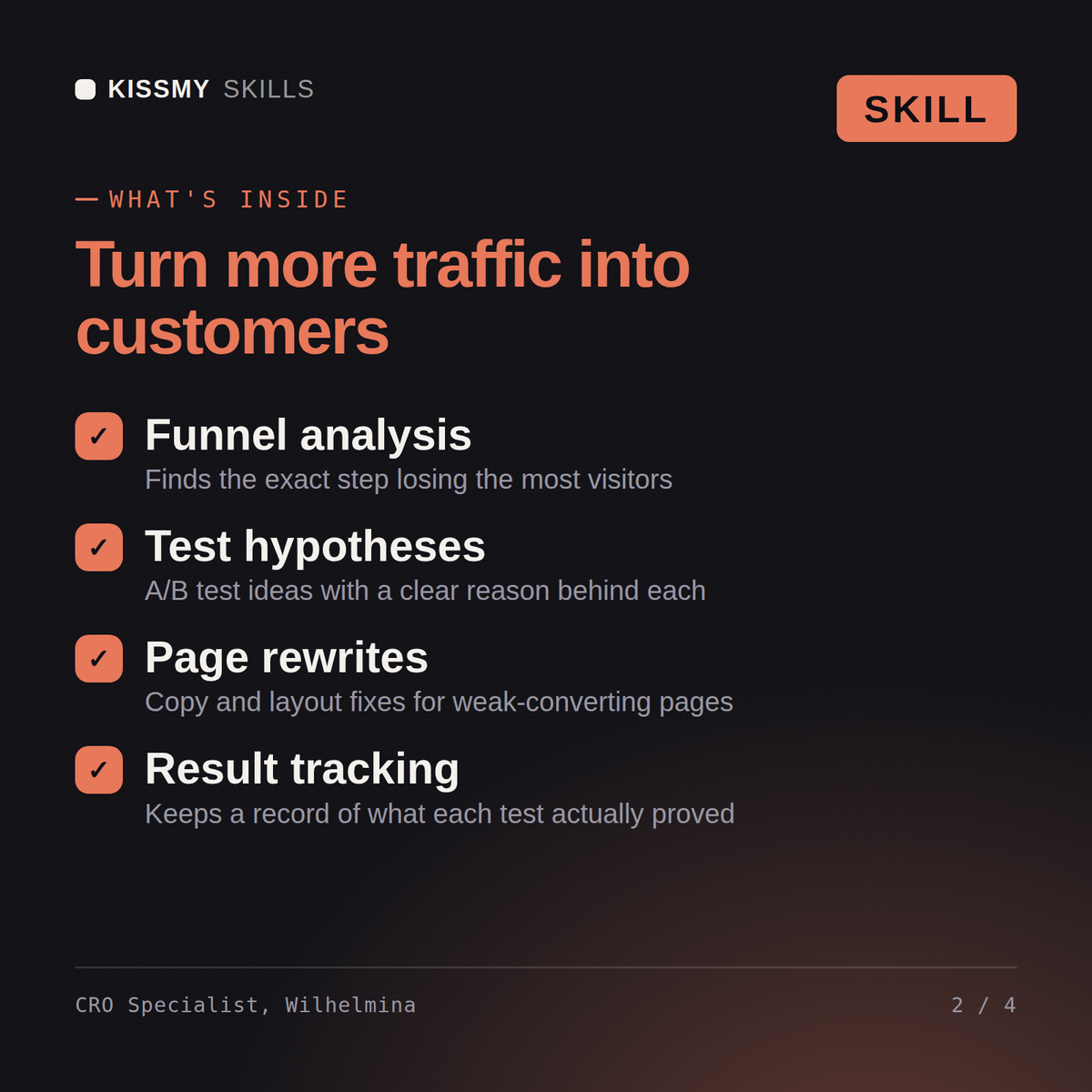 What's inside the CRO Specialist, Wilhelmina AI skill: Funnel analysis, Test hypotheses, Page rewrites, Result tracking