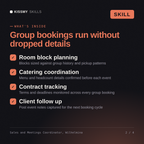 What's inside the Sales and Meetings Coordinator, Wilhelmina AI skill: Room block planning, Catering coordination, Contract tracking, Client follow up