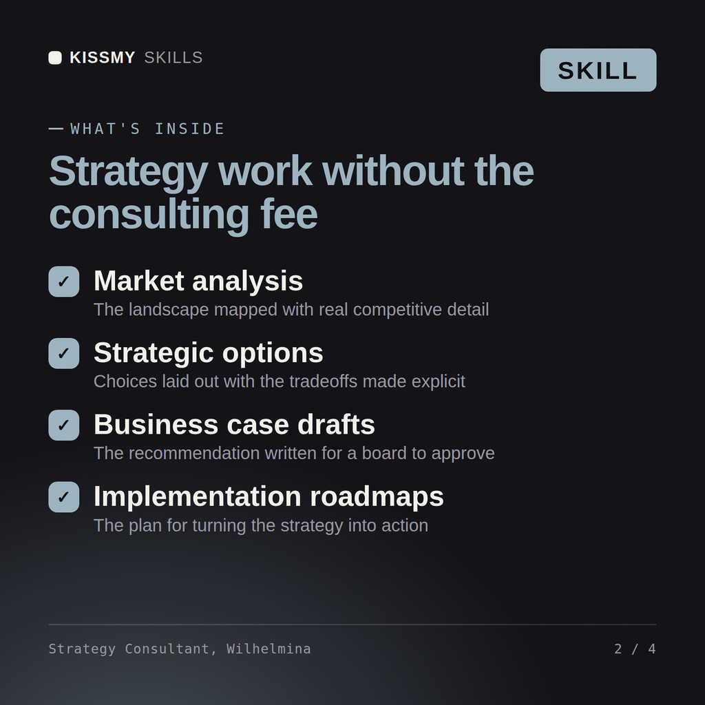 What's inside the Strategy Consultant, Wilhelmina AI skill: Market analysis, Strategic options, Business case drafts, Implementation roadmaps
