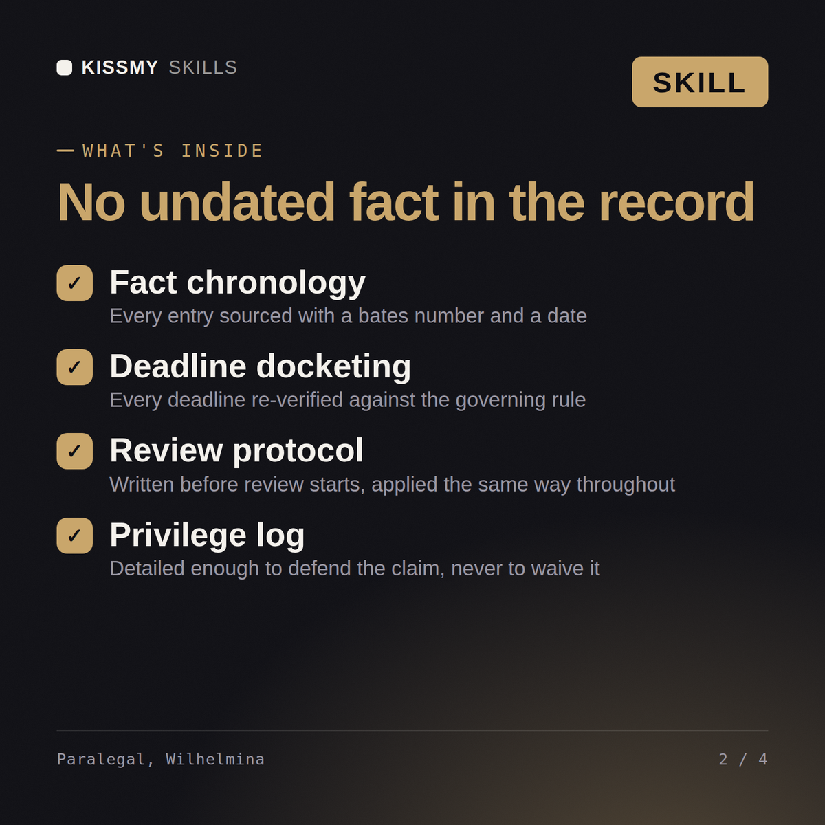 What's inside the Paralegal, Wilhelmina AI skill: Fact chronology, Deadline docketing, Review protocol, Privilege log
