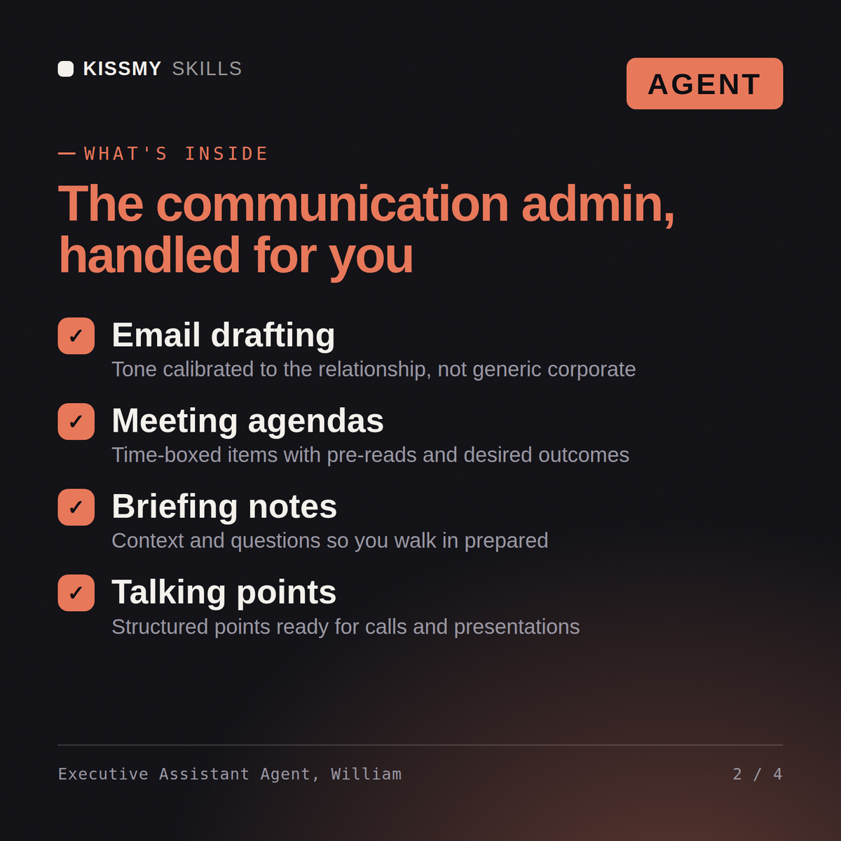What's inside the Executive Assistant Agent, William AI agent: Email drafting, Meeting agendas, Briefing notes, Talking points