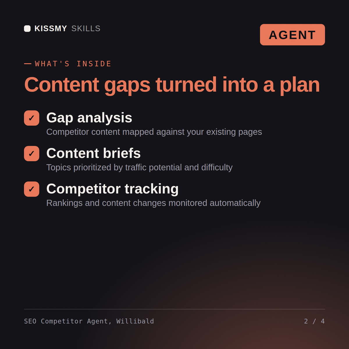 What's inside the SEO Competitor Agent, Willibald AI agent: Gap analysis, Content briefs, Competitor tracking