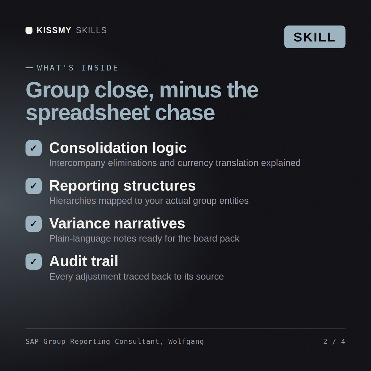 What's inside the SAP Group Reporting Consultant, Wolfgang AI skill: Consolidation logic, Reporting structures, Variance narratives, Audit trail