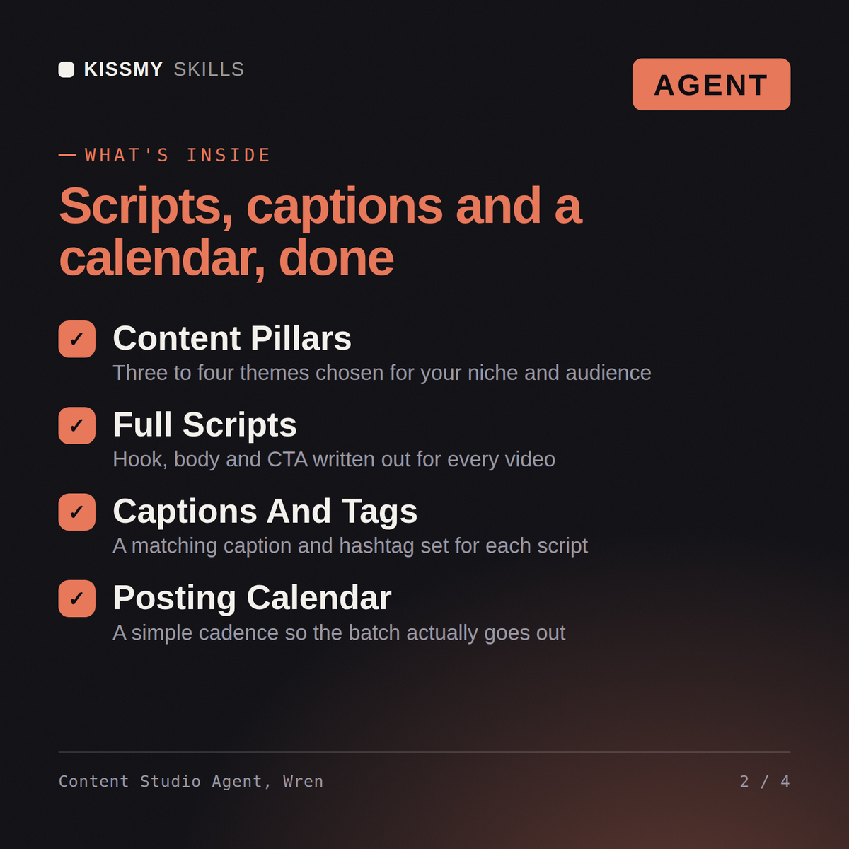 What's inside the Content Studio Agent, Wren AI agent: Content Pillars, Full Scripts, Captions And Tags, Posting Calendar