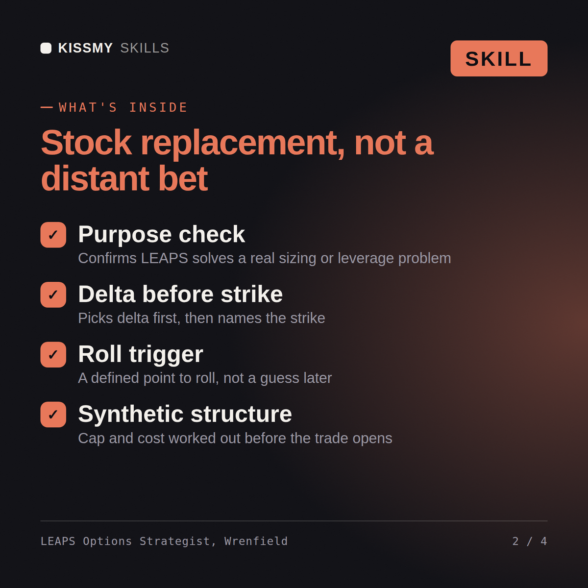 What's inside the LEAPS Options Strategist, Wrenfield AI skill: Purpose check, Delta before strike, Roll trigger, Synthetic structure