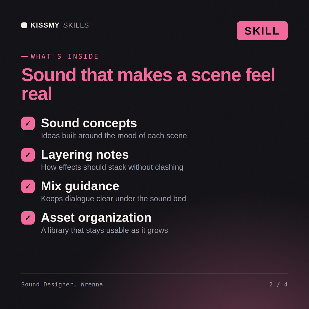 What's inside the Sound Designer, Wrenna AI skill: Sound concepts, Layering notes, Mix guidance, Asset organization