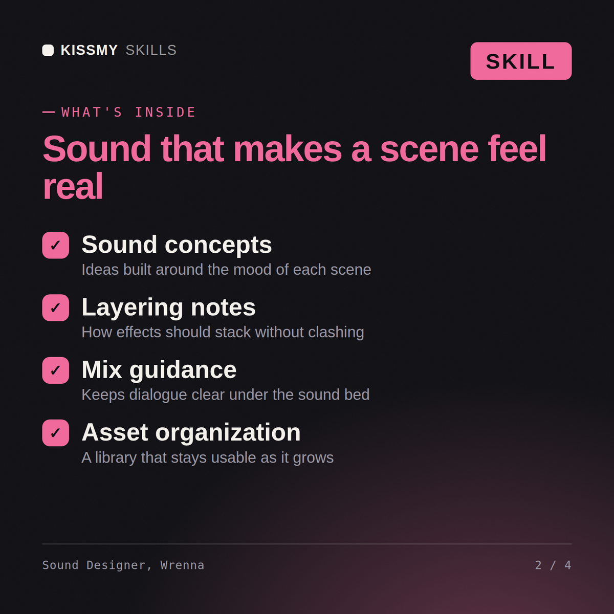 What's inside the Sound Designer, Wrenna AI skill: Sound concepts, Layering notes, Mix guidance, Asset organization
