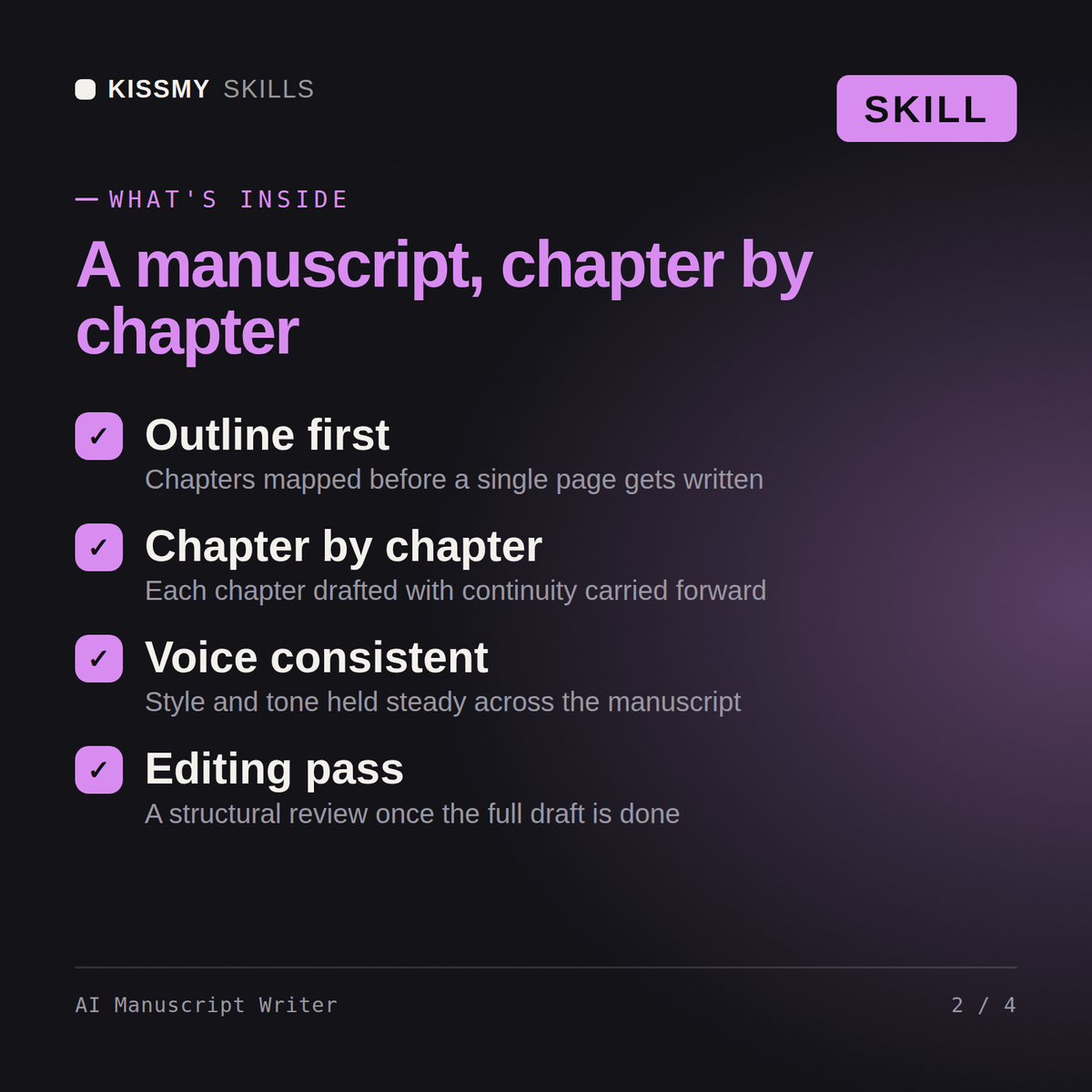 What's inside the AI Manuscript Writer AI skill: Outline first, Chapter by chapter, Voice consistent, Editing pass