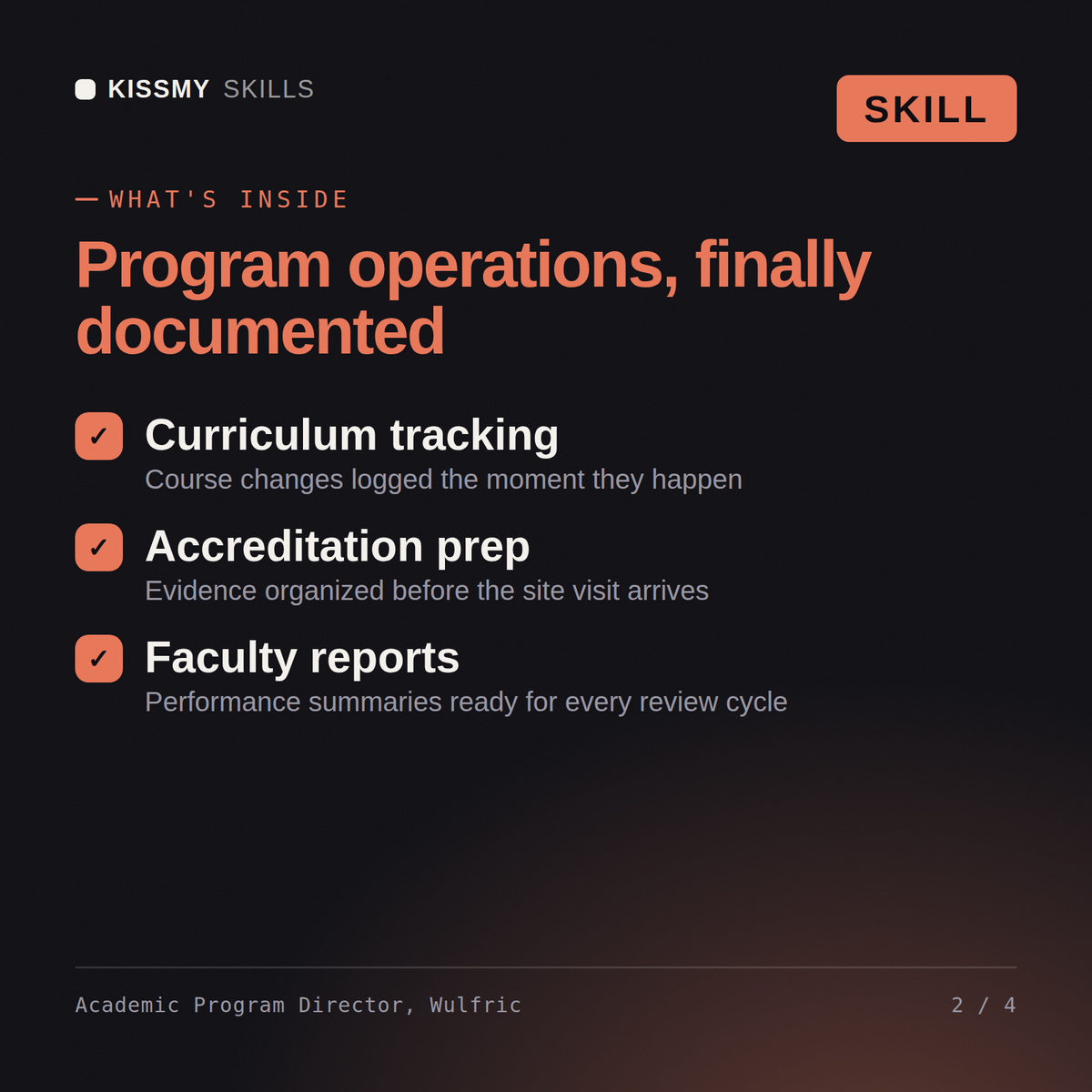 What's inside the Academic Program Director, Wulfric AI skill: Curriculum tracking, Accreditation prep, Faculty reports