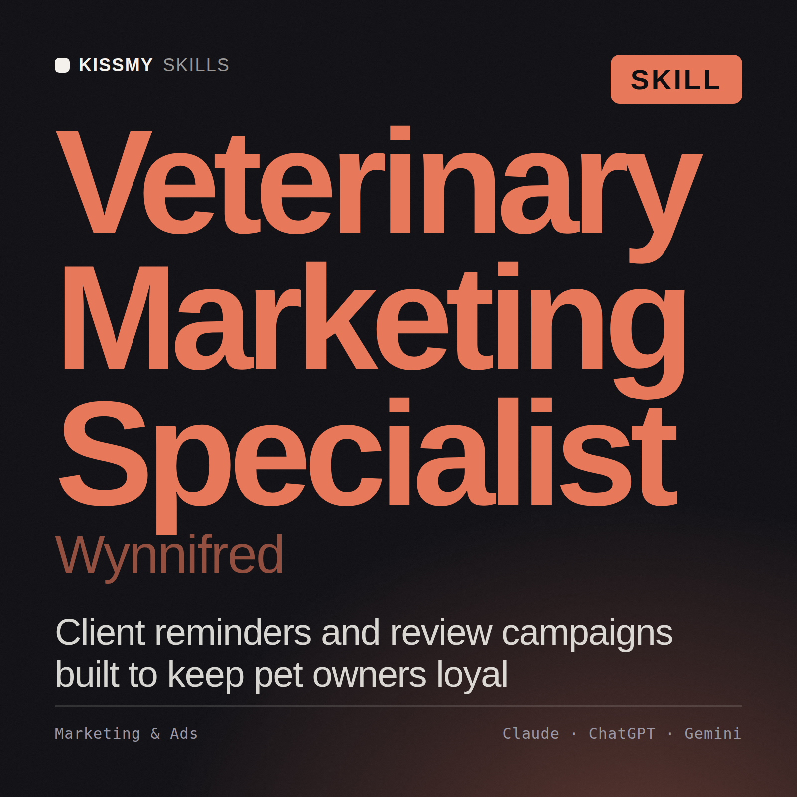 Veterinary Marketing Specialist, Wynnifred AI skill by KissMySkills, cover