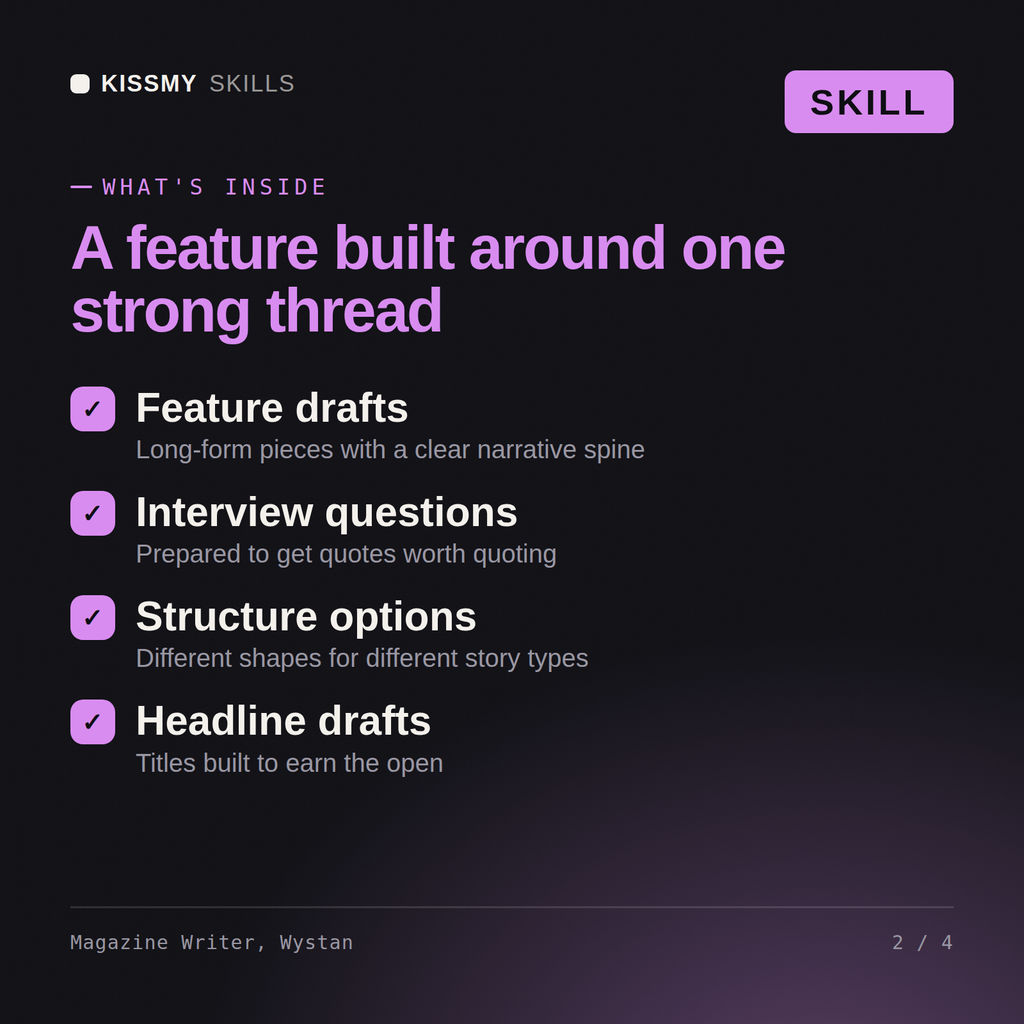 What's inside the Magazine Writer, Wystan AI skill: Feature drafts, Interview questions, Structure options, Headline drafts