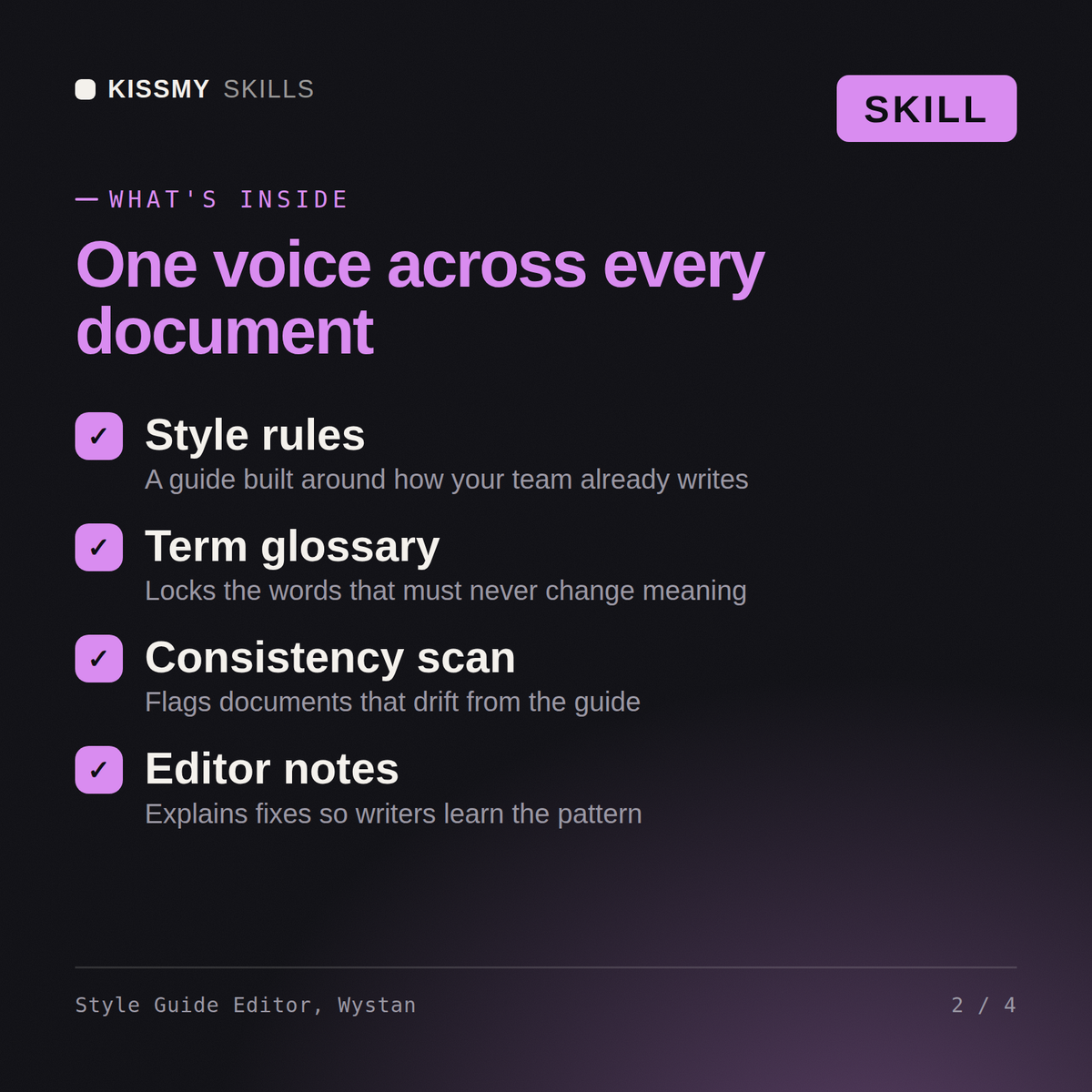 What's inside the Style Guide Editor, Wystan AI skill: Style rules, Term glossary, Consistency scan, Editor notes