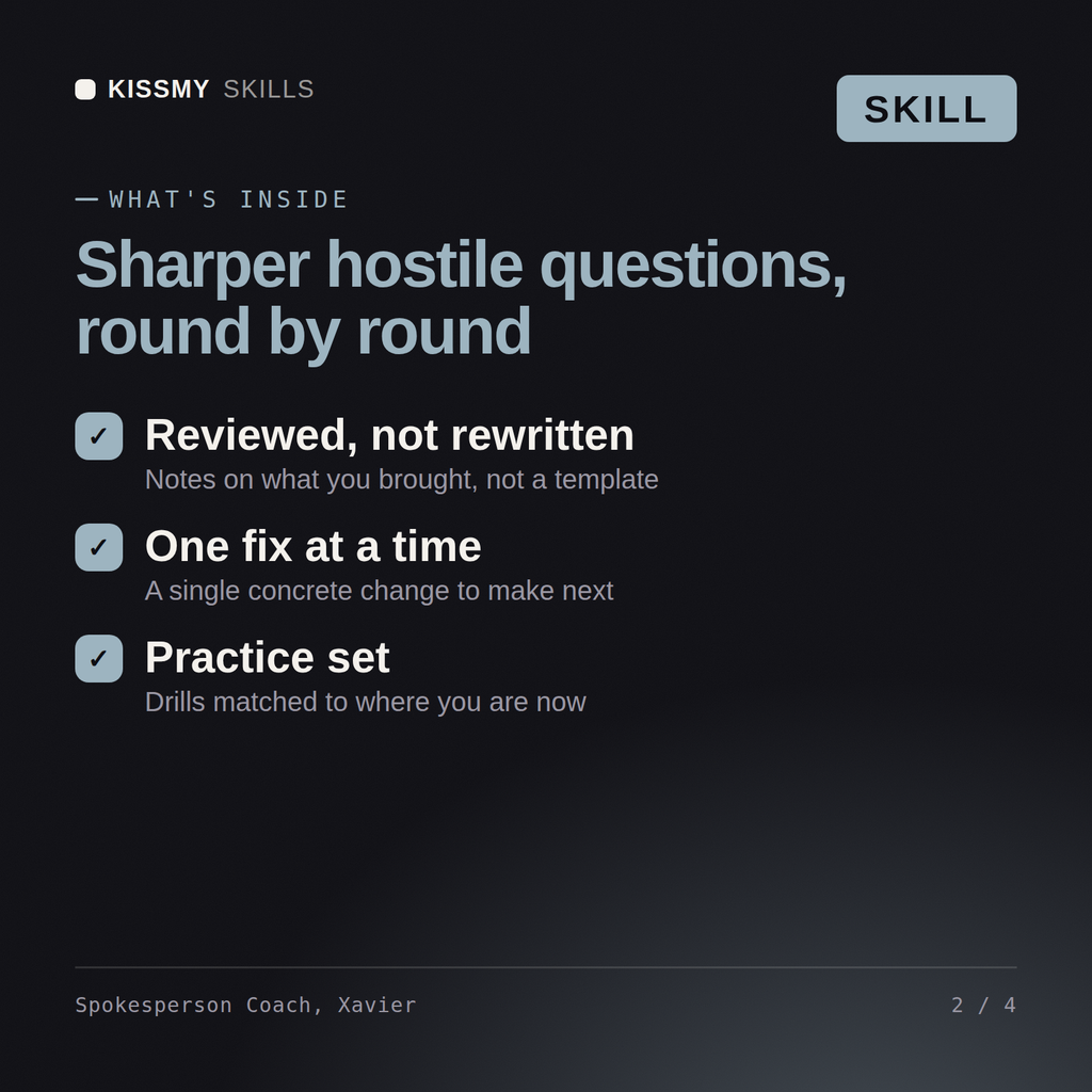 What's inside the Spokesperson Coach, Xavier AI skill: Reviewed, not rewritten, One fix at a time, Practice set