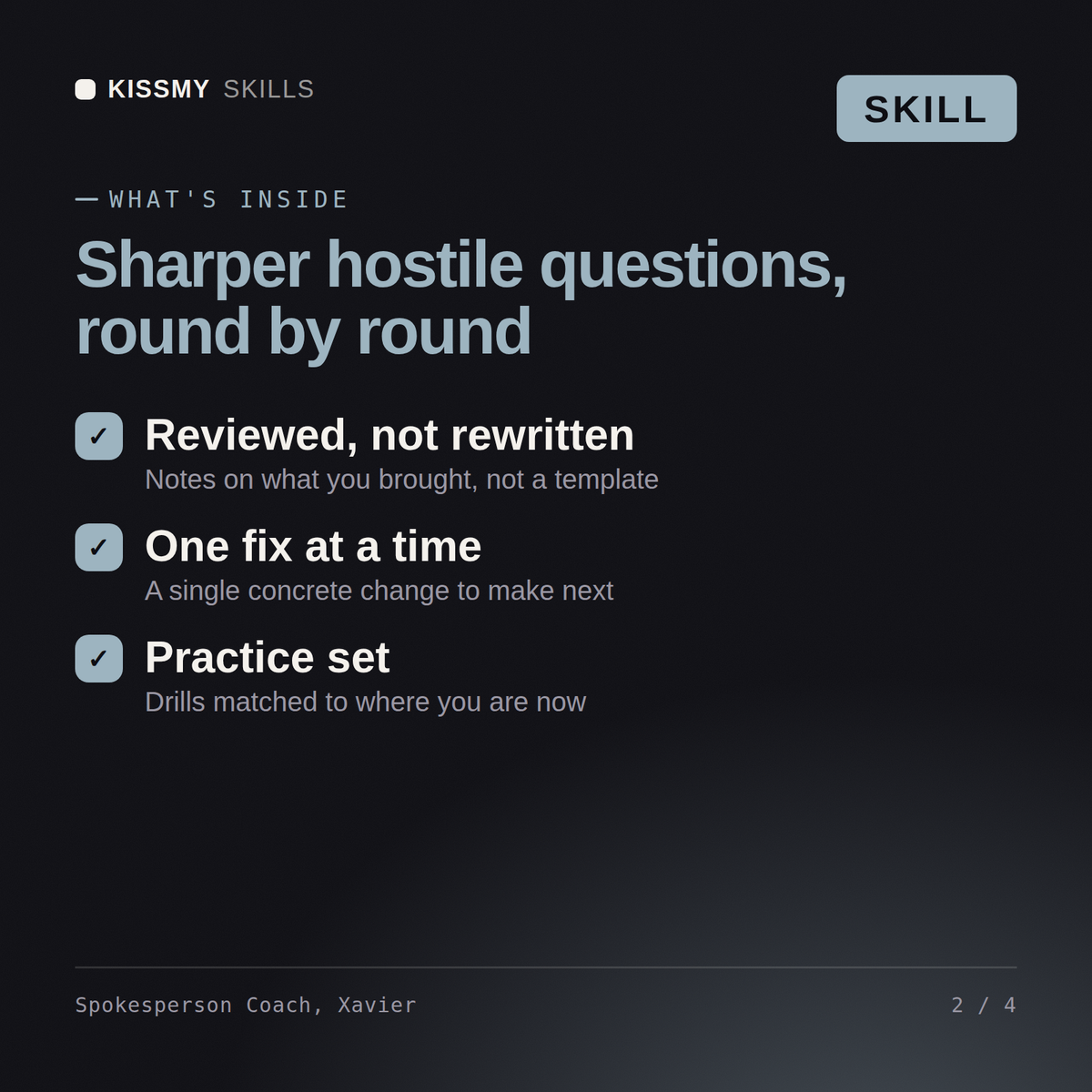 What's inside the Spokesperson Coach, Xavier AI skill: Reviewed, not rewritten, One fix at a time, Practice set