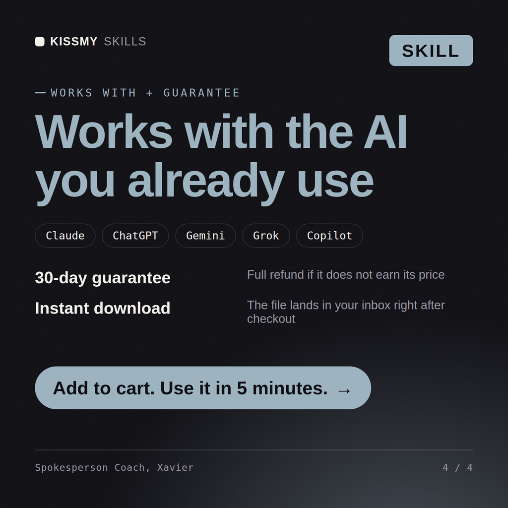 The Spokesperson Coach, Xavier AI skill works with Claude, ChatGPT, Gemini and any AI chat, 30-day money-back guarantee