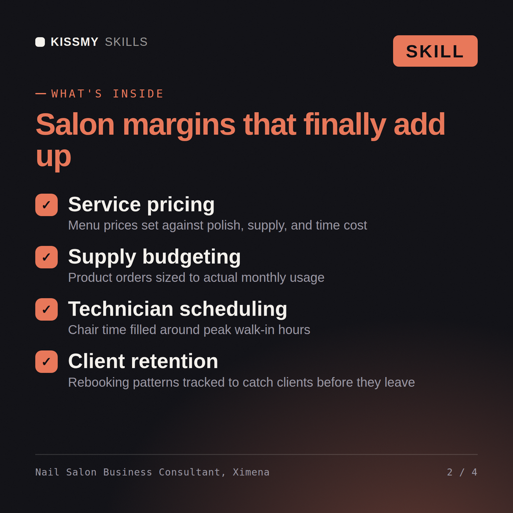 What's inside the Nail Salon Business Consultant, Ximena AI skill: Service pricing, Supply budgeting, Technician scheduling, Client retention