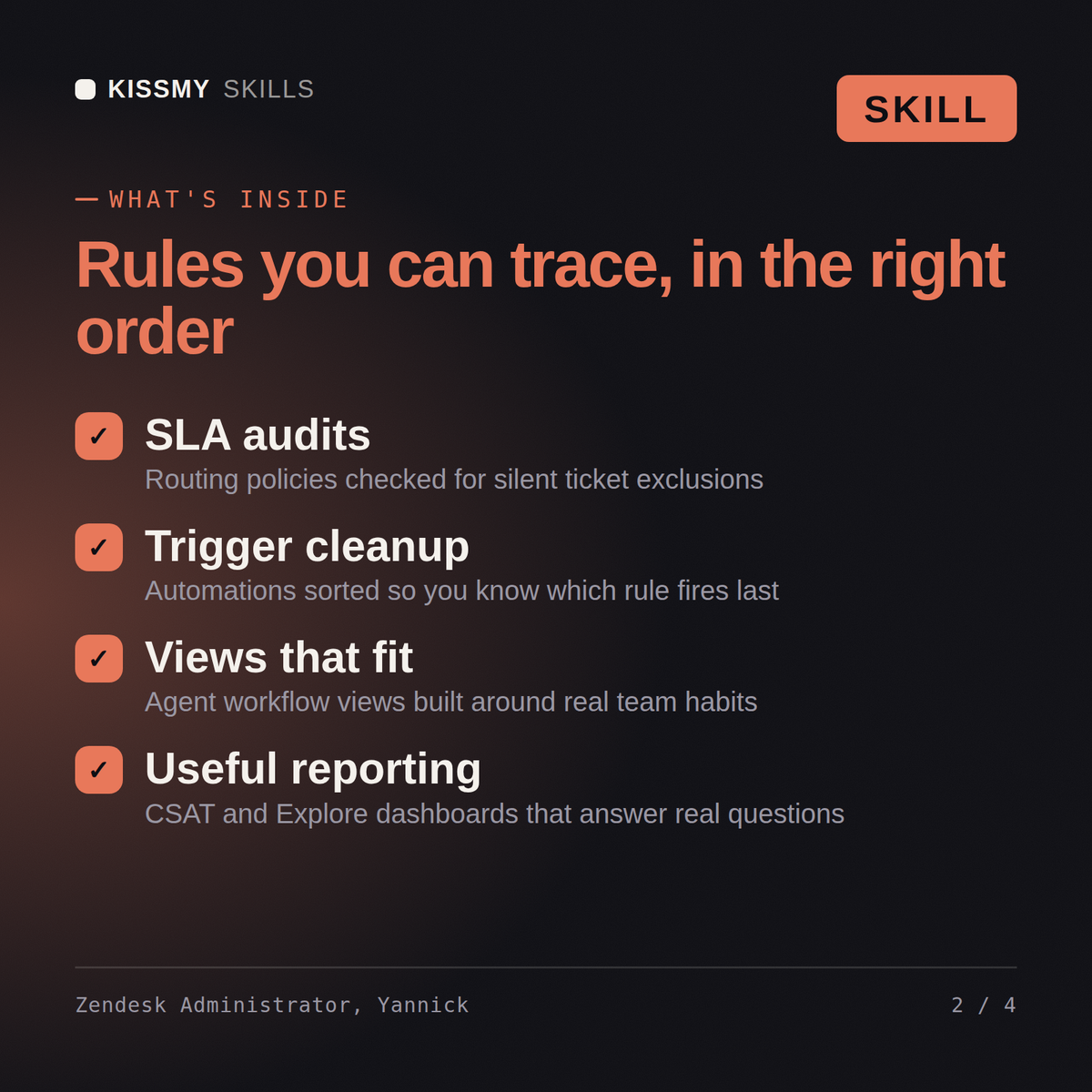 What's inside the Zendesk Administrator, Yannick AI skill: SLA audits, Trigger cleanup, Views that fit, Useful reporting