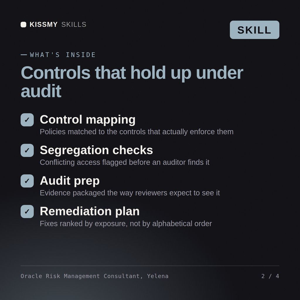 What's inside the Oracle Risk Management Consultant, Yelena AI skill: Control mapping, Segregation checks, Audit prep, Remediation plan
