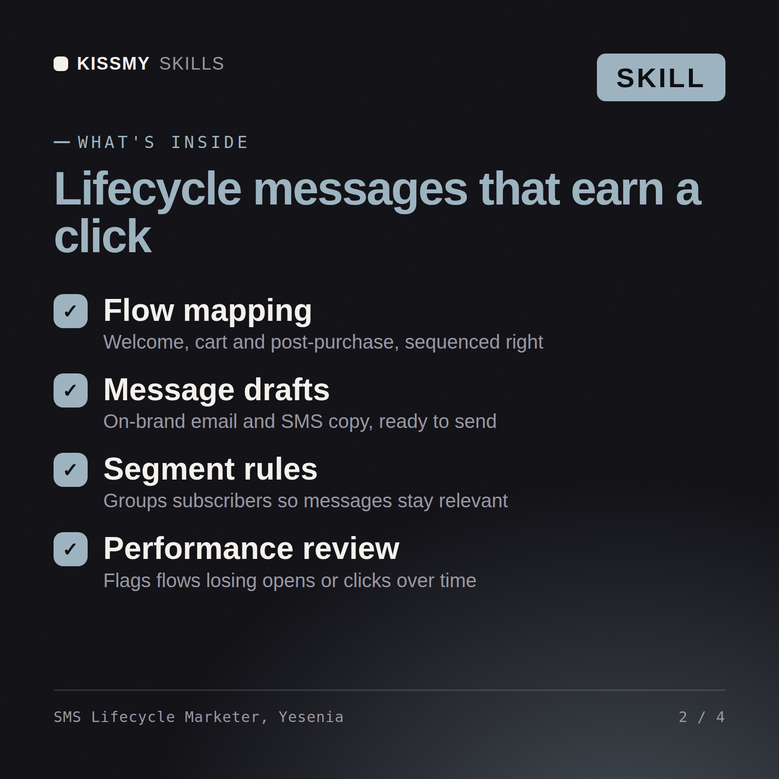 What's inside the SMS Lifecycle Marketer, Yesenia AI skill: Flow mapping, Message drafts, Segment rules, Performance review