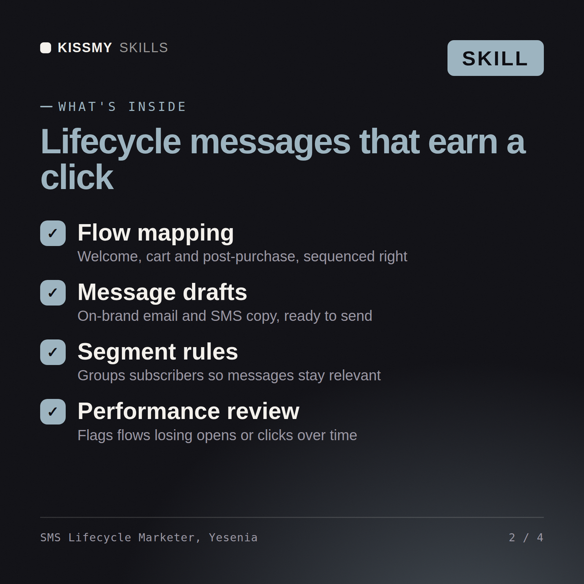 What's inside the SMS Lifecycle Marketer, Yesenia AI skill: Flow mapping, Message drafts, Segment rules, Performance review