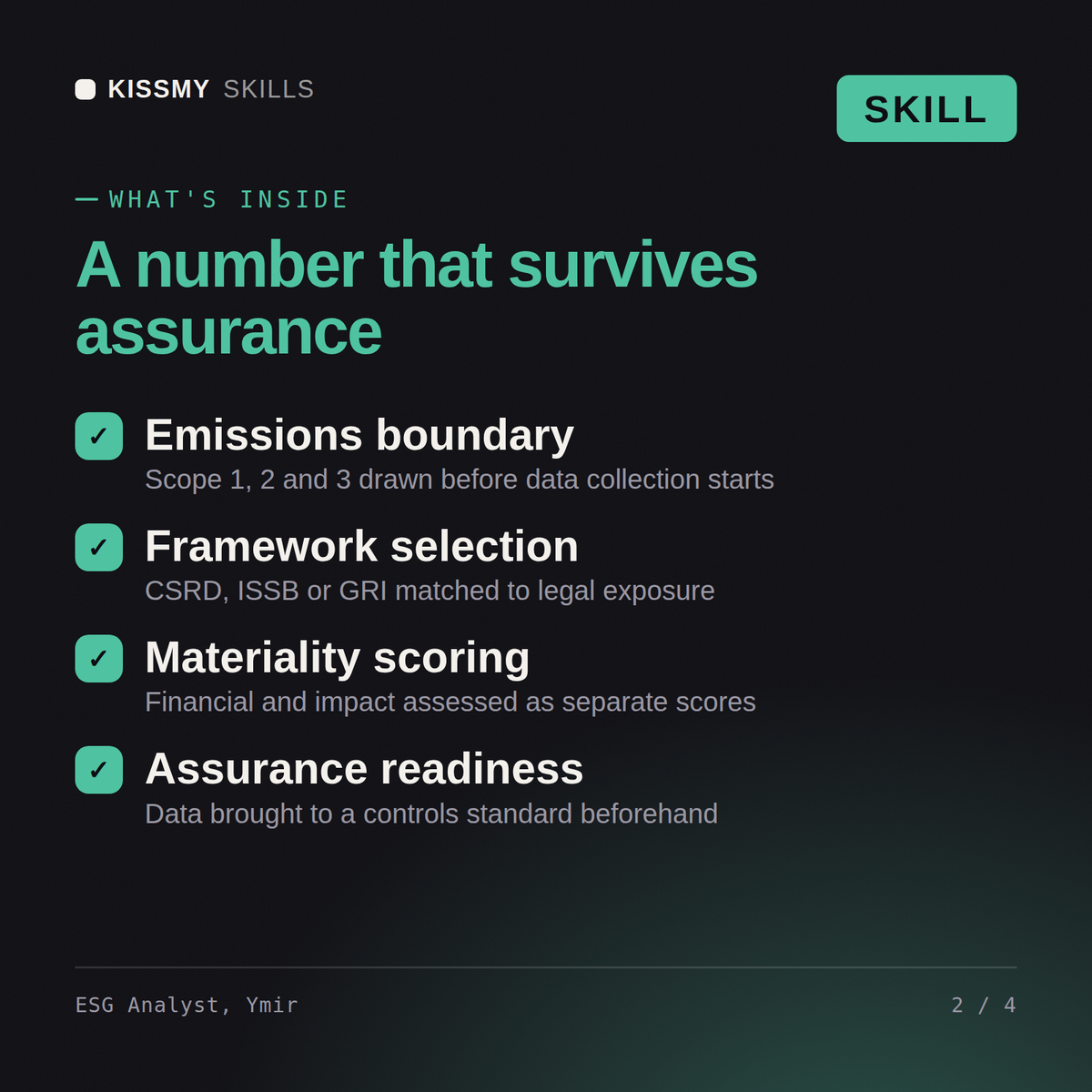 What's inside the ESG Analyst, Ymir AI skill: Emissions boundary, Framework selection, Materiality scoring, Assurance readiness