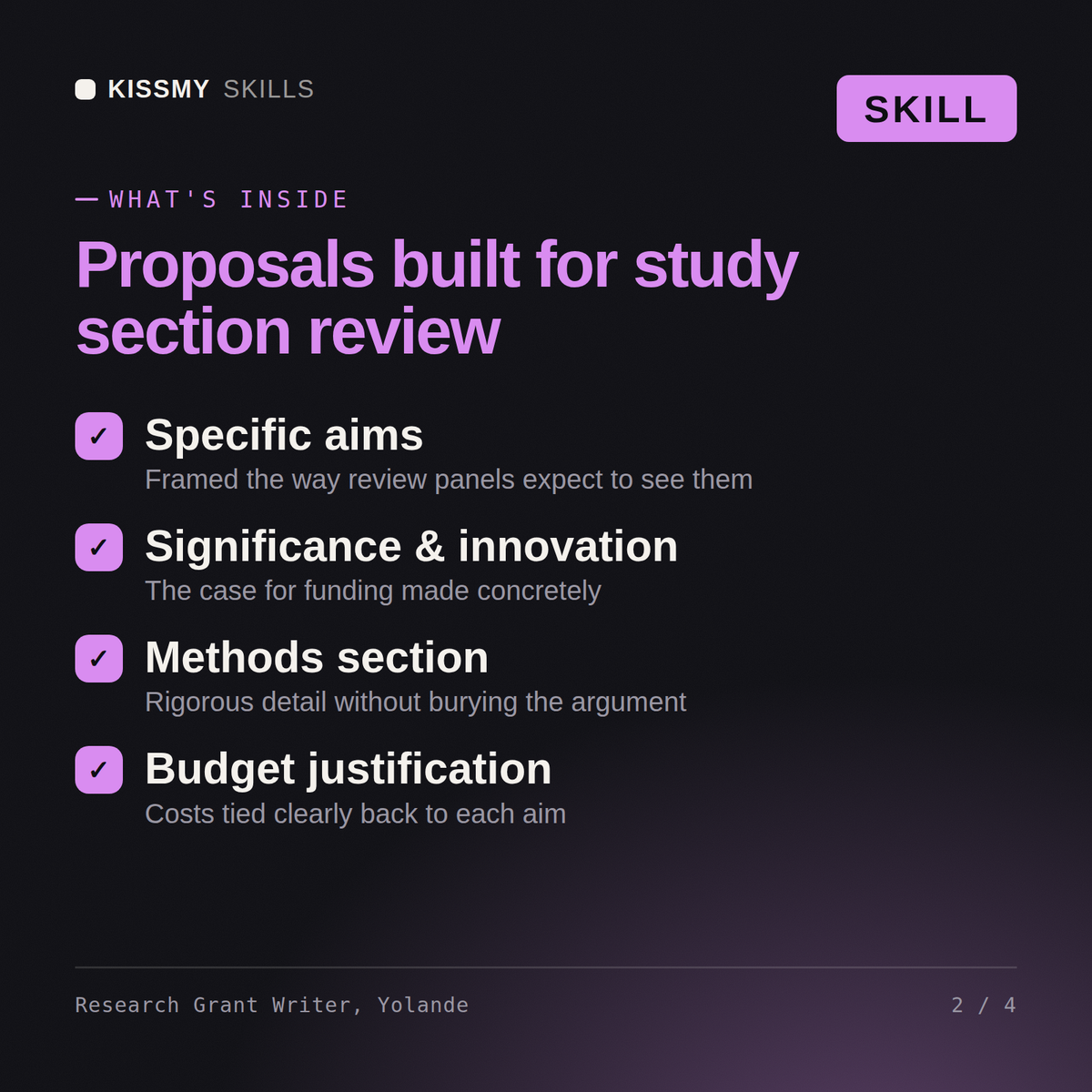 What's inside the Research Grant Writer, Yolande AI skill: Specific aims, Significance & innovation, Methods section, Budget justification