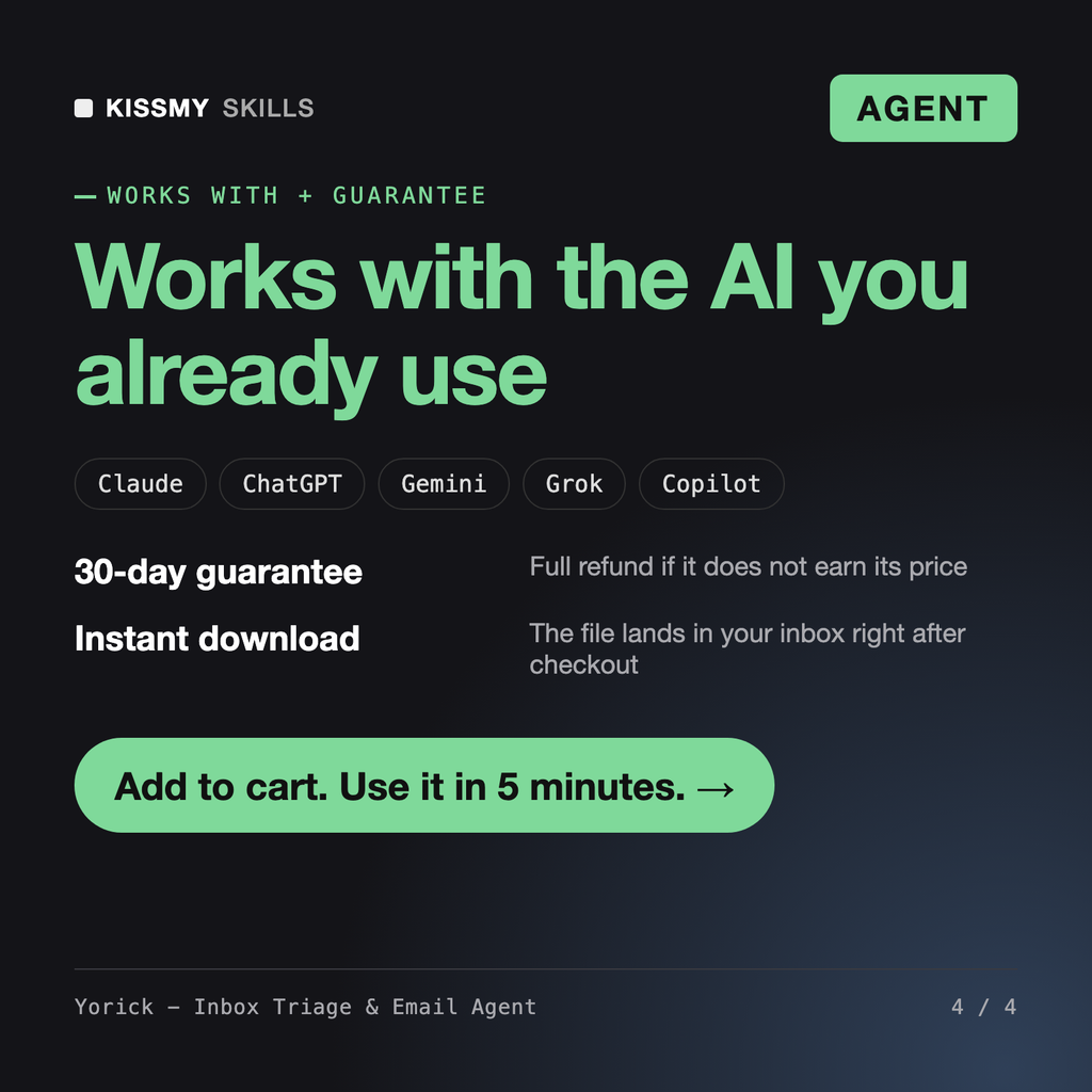 The Yorick - Inbox Triage & Email Agent works with Claude, ChatGPT, Gemini and any AI chat, 30-day money-back guarantee