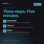 How the Transcreation Specialist, Ysolt AI skill works in three steps: download, drop it into your AI chat, done