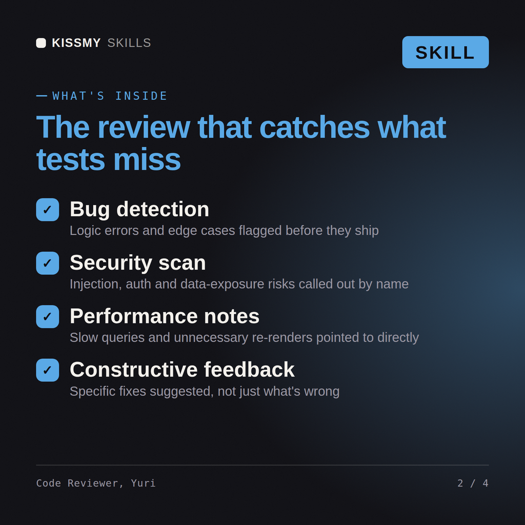 What's inside the Code Reviewer, Yuri AI skill: Bug detection, Security scan, Performance notes, Constructive feedback