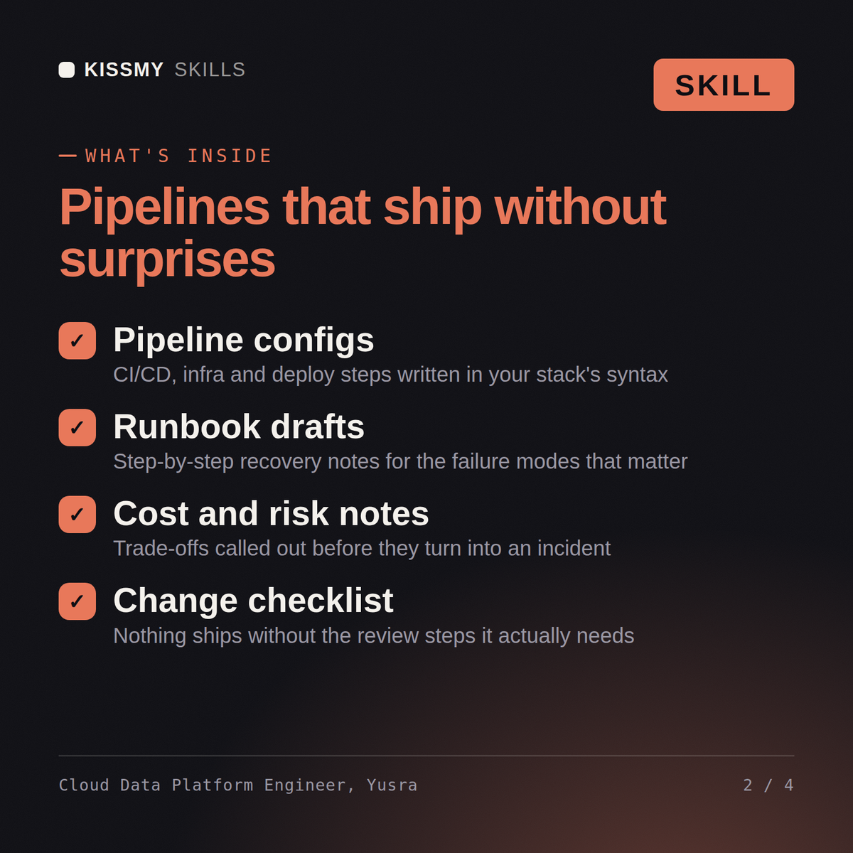 What's inside the Cloud Data Platform Engineer, Yusra AI skill: Pipeline configs, Runbook drafts, Cost and risk notes, Change checklist