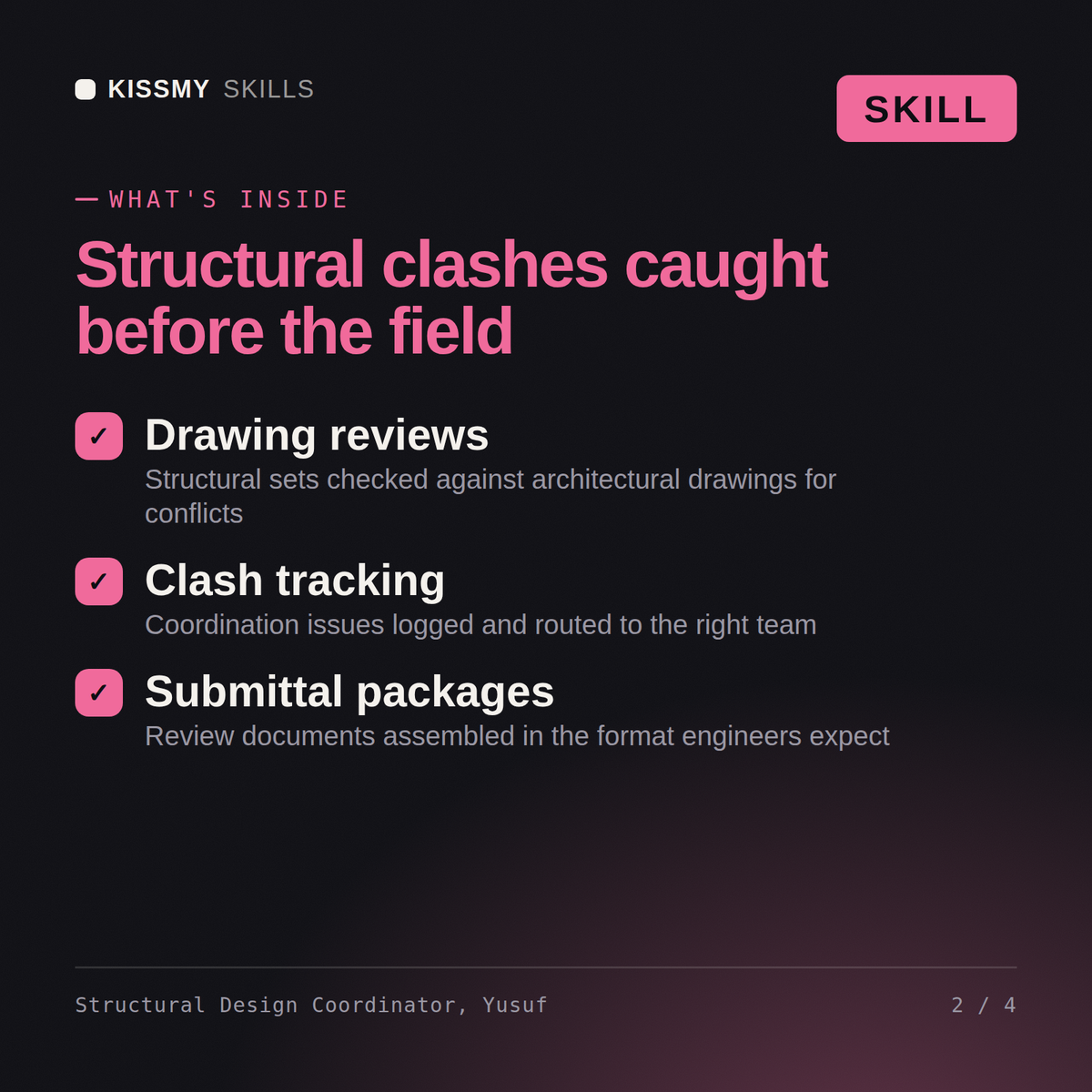What's inside the Structural Design Coordinator, Yusuf AI skill: Drawing reviews, Clash tracking, Submittal packages