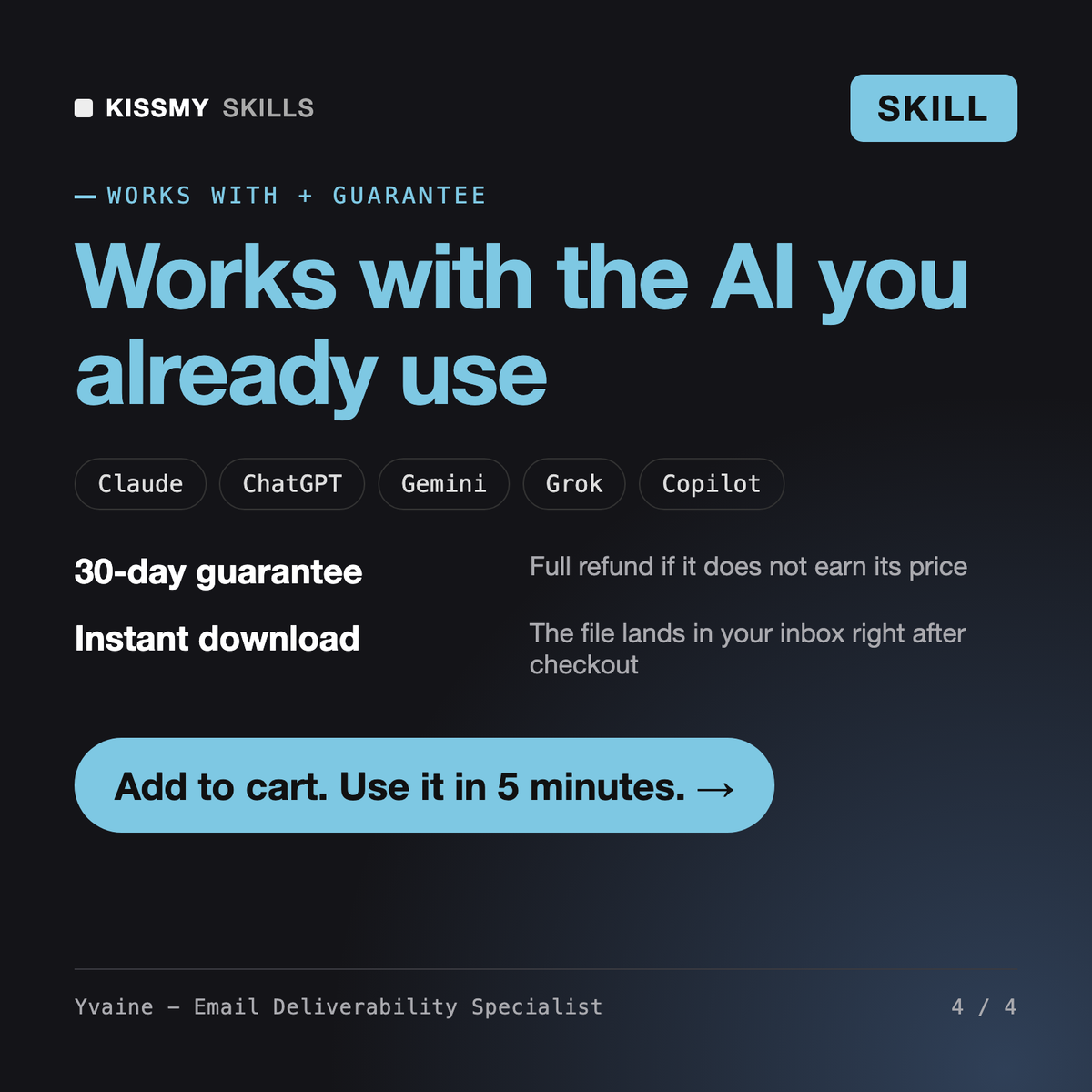 The Yvaine - Email Deliverability Specialist AI skill works with Claude, ChatGPT, Gemini and any AI chat, 30-day money-back guarantee
