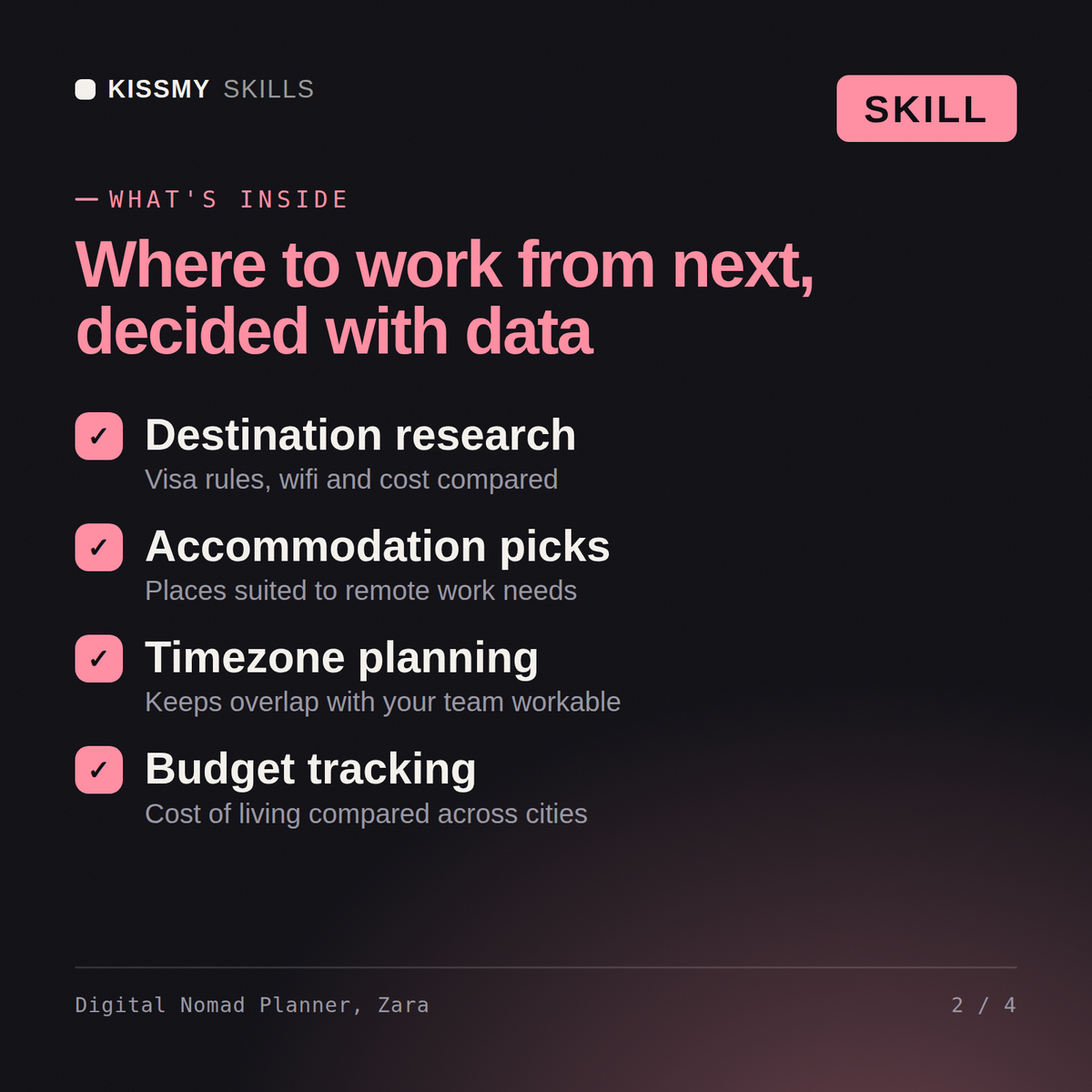 What's inside the Digital Nomad Planner, Zara AI skill: Destination research, Accommodation picks, Timezone planning, Budget tracking