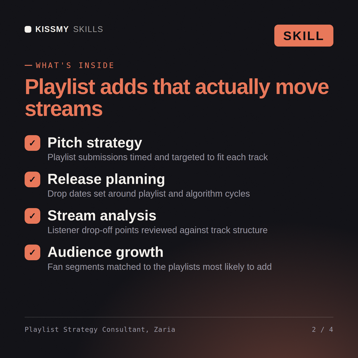 What's inside the Playlist Strategy Consultant, Zaria AI skill: Pitch strategy, Release planning, Stream analysis, Audience growth