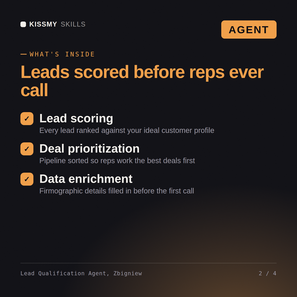 What's inside the Lead Qualification Agent, Zbigniew AI agent: Lead scoring, Deal prioritization, Data enrichment