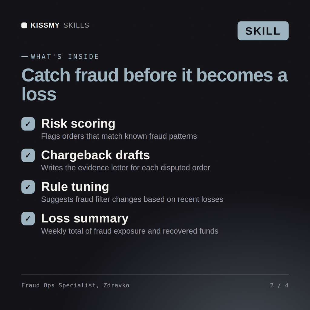 What's inside the Fraud Ops Specialist, Zdravko AI skill: Risk scoring, Chargeback drafts, Rule tuning, Loss summary