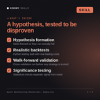 What's inside the Quant Backtesting Researcher, Zephyrine AI skill: Hypothesis formation, Realistic backtests, Walk-forward validation, Significance testing