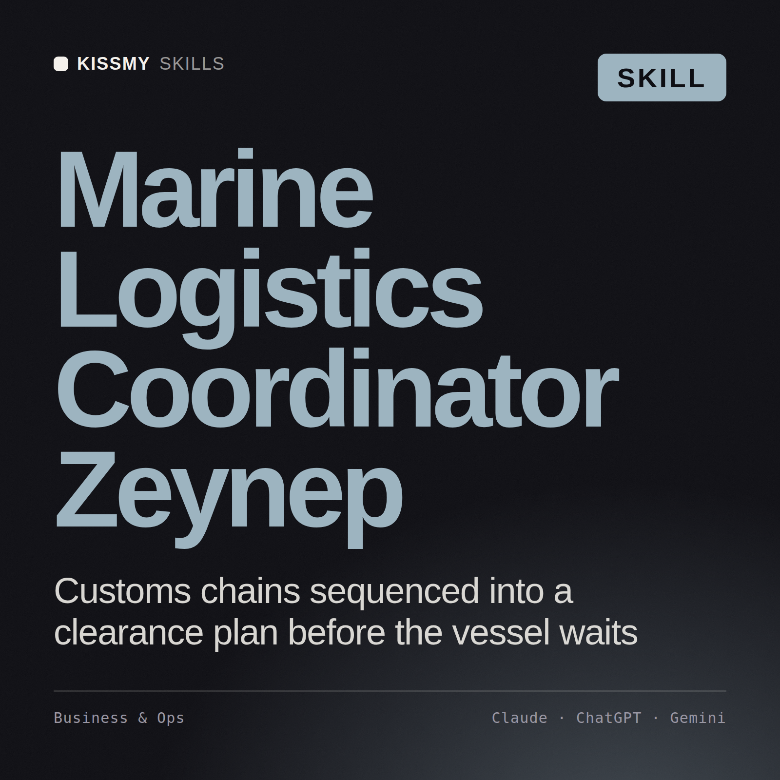 Marine Logistics Coordinator, Zeynep AI skill by KissMySkills, cover